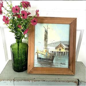 Vintage Boat Painting Canvas Signed Docked Harbor Framed Water Seascape Scenery